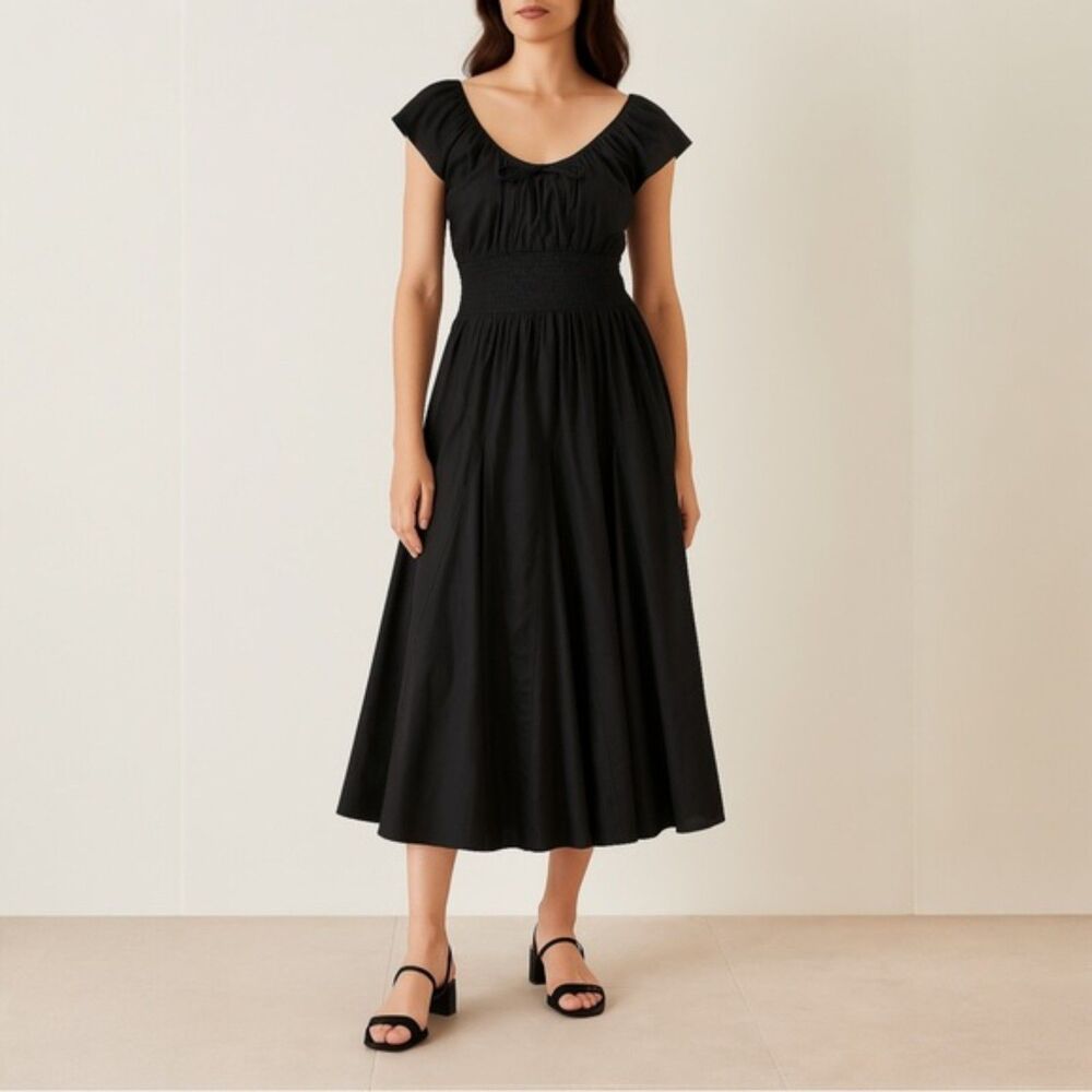 Laurie Felt Black Cap Sleeve Retro Midi Cotton Peasant Dress Women’s Size XXS
